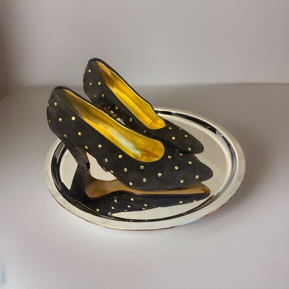 Paloma Women's Italian Made Shoes Black Suede 8B‎ Studs 3” Heals - Picture 1 of 10